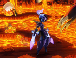  artist_name camerupt ceruledge claws closed_eyes commentary cyndaquil ditto egg english_commentary fire flaming_eye groudon highres lava lava_bath moltres pokemon pokemon_egg pokemon_snap primal_groudon rock slugma thecalendork transformed_ditto violet_eyes watermark 