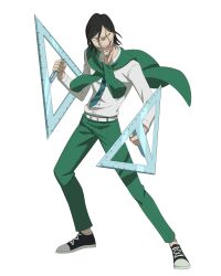  1boy absurdres aqua_necktie belt black_clover black_clover_m:_rise_of_the_wizard_king black_hair black_shoes collared_shirt crazy full_body green_jacket green_pants hair_between_eyes highres jack_the_ripper_(black_clover) jacket jacket_around_neck looking_at_viewer necktie non-web_source official_alternate_costume official_art orange_eyes pants scar scar_across_eye scar_on_face shirt shoes simple_background solo striped_clothes striped_necktie teeth tongue tongue_out transparent_background white_belt white_shirt 