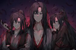  3boys absurdres ahoge black_feathers black_hair black_hanfu branded chenqing_flute chinese_clothes clone closed_mouth coat collarbone commentary_request crossed_arms dizi falling_feathers feathers flute grey_coat grey_eyes grey_shirt grin hair_between_eyes hair_down hair_ribbon half_updo hand_on_another's_shoulder hand_up hanfu high_ponytail highres holding holding_flute holding_instrument instrument long_hair long_sleeves looking_at_viewer male_focus modao_zushi mouth_hold multiple_boys multiple_persona official_alternate_costume official_alternate_hairstyle one_eye_closed open_clothes open_coat parted_bangs pectoral_cleavage pectorals ponytail red_eyes red_ribbon ribbon robe scar scar_on_chest shirt sidelocks sleeves_past_wrists smile stalk_in_mouth time_paradox transverse_flute upper_body very_long_hair wei_wuxian wei_wuxian_(yiling_laozu) wei_wuxian_(yunmeng_clan) wide_sleeves yume_kun 