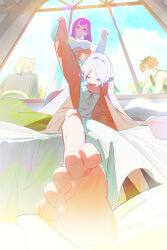  2boys 2girls ^_^ absurdres adjusting_another's_clothes barefoot bed_sheet blunt_bangs blush bm_tol cigarette closed_eyes commentary dress earrings elf feet fern_(sousou_no_frieren) foot_focus frieren grey_hair highres holding holding_cigarette jewelry looking_at_another morning multiple_boys multiple_girls on_bed pointy_ears purple_hair sein_(sousou_no_frieren) sitting sleepy smile soles sousou_no_frieren standing stark_(sousou_no_frieren) symbol-only_commentary teardrop_earrings toes white_dress 
