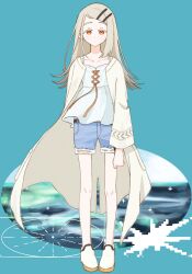  1girl aqua_background belt black_belt blonde_hair blue_shorts camisole closed_mouth collarbone colored_eyelashes denim denim_shorts earrings flipped_hair full_body gakuen_idolmaster hair_ornament hairclip highres idolmaster jewelry long_hair long_sleeves looking_at_viewer ocean open_clothes open_robe orange_eyes orange_ribbon parallel_hairclips ribbon robe shinosawa_hiro shorts solo standing stud_earrings swept_bangs white_camisole white_robe wide_sleeves wind wind_lift yasuzero 