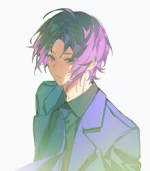  1boy black_shirt blue_jacket blue_lock blue_necktie closed_mouth collared_shirt commentary english_commentary highres hueirin jacket looking_at_viewer male_focus mikage_reo necktie purple_hair shirt short_hair simple_background solo suit_jacket upper_body violet_eyes white_background 