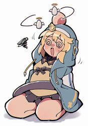  1boy @_@ arms_behind_back blonde_hair blue_jacket blush_stickers bridget_(guilty_gear) double-parted_bangs egg full_body guilty_gear guilty_gear_strive head_bump highres hood hooded_jacket itsuka_neru jacket long_sleeves male_focus open_clothes open_jacket open_mouth seiza shirt short_hair simple_background sitting smile solo squiggle trap white_background yellow_shirt 