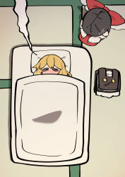  2girls @_@ absurdres blonde_hair blush bow brown_hair clothes_on_floor commentary_request detached_sleeves folded_clothes frilled_bow frills futon hair_bow hakurei_reimu highres instant_loss kirisame_marisa long_hair lying multiple_girls niru_(ka_k_0517) on_back red_bow red_skirt signature skirt touhou unworn_clothes yuri 