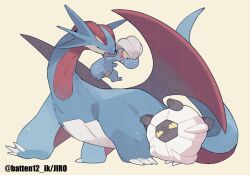  bagon claws closed_mouth commentary dragon evolutionary_line fangs mamebato mouth_hold no_humans pokemon pokemon_(creature) pokemon_focus red_wings salamence shelgon simple_background wings 