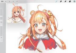  1girl ahoge animal_ears art_program_in_frame bear_ears capelet commentary_request cropped_shoulders fangs fur-trimmed_capelet fur_trim ikizulive!_love_live!_bluebird jingshenquan long_hair looking_at_viewer love_live! one_side_up orange_hair red_capelet red_eyes reference_inset sidelocks solo takahashi_polka twitter_username v-shaped_eyebrows 
