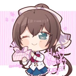  ;) aqua_eyes assault_lily bento blue_skirt blush bow bowtie brown_bow brown_hair character_name chibi closed_mouth commentary_request cowboy_shot hair_between_eyes hair_bow hands_up happy_birthday herensuge_girls_academy_school_uniform high_ponytail holding holding_bento jacket letterboxed long_hair looking_at_viewer miniskirt one_eye_closed outside_border pink_background ponokaijo ponytail red_bow red_bowtie school_uniform serizawa_chikaru skirt smile standing striped_background twitter_username very_long_hair white_jacket wrapped_bento 