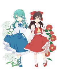  2girls absurdres ascot blue_shoes blue_skirt bow brown_eyes brown_hair commentary_request detached_sleeves flower flower_request frilled_bow frilled_hair_tubes frilled_skirt frills frog_hair_ornament full_body green_eyes green_hair hair_bow hair_ornament hair_tubes hakurei_reimu highres kochiya_sanae long_hair multiple_girls red_bow red_flower red_shoes red_skirt ribbon-trimmed_sleeves ribbon_trim shoes simple_background single_hair_tube skirt skirt_hold skirt_set snake_hair_ornament socks touhou tsuno_no_hito white_background white_flower white_socks yellow_ascot yuri 