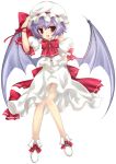  adapted_costume bare_shoulders bat_wings bow dress hat large_bow purple_hair red_eyes remilia_scarlet short_hair smile solo touhou white_dress wings wrist_ribbon yumesato_makura 