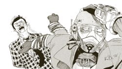 2026 2boys armor artist_name benny_(fallout:_new_vegas) blood blood_on_face broken_eyewear bullet_hole bulletproof_vest checkered_clothes closed_eyes commentary courier_(fallout:_new_vegas) dated duster english_commentary fallout fallout:_new_vegas gas_mask gloves greyscale helmet highres mask meme monochrome multiple_boys naoya_hitting_choso_without_looking_(meme) ncr_veteran_ranger necktie nosebleed phelix_kelvin pip_boy punching single_vambrace suit vambraces wrist_computer 