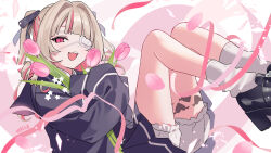  1girl :3 black_shoes blazer bloomers blue_jacket blue_ribbon blue_skirt blush collared_shirt colored_inner_hair commentary_request drill_hair eyepatch falling_petals fangs feet_out_of_frame floating flower grey_hair hair_intakes hair_ribbon highres holding holding_flower jacket knees_up leg_tattoo light_particles long_hair long_sleeves looking_at_viewer loose_socks makaino_ririmu medical_eyepatch miniskirt multicolored_hair nijisanji official_alternate_costume official_alternate_hairstyle open_mouth petals pink_flower pink_hair pink_petals pink_ribbon pink_streaks pink_tulip platform_shoes pleated_skirt potti-p red_eyes ribbon school_uniform shirt shoes sidelocks signature skirt sleeves_past_fingers sleeves_past_wrists smile socks solo streaked_hair tattoo teeth tulip two-tone_hair two_side_up upper_teeth_only variant_set virtual_youtuber white_background white_shirt white_socks winged_heart winged_heart_tattoo 