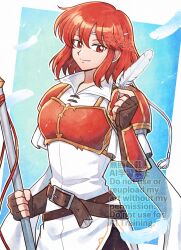  1girl arm_guards armor axe battle_axe belt betabetamaru black_pantyhose breastplate breasts brown_belt brown_gloves closed_mouth commentary commentary_request dress english_commentary feathers fingerless_gloves fire_emblem fire_emblem:_shadow_dragon fire_emblem_heroes gloves headband highres holding holding_axe looking_at_viewer minerva_(above_the_stars)_(fire_emblem) minerva_(fire_emblem) mixed-language_commentary multiple_belts official_alternate_costume pantyhose red_armor red_eyes red_hair short_sleeves simple_background smile solo weapon white_dress white_feathers white_headband 