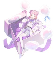  1girl absurdres ankle_ribbon balloon belt blonde_hair blue_bow bow bowtie box candy center_frills commentary double_bun eating fishnet_pantyhose fishnets food frilled_shirt frills gift gift_box hair_bow hair_bun hair_ornament high_heels highres holding holding_candy holding_food in_box in_container leg_ribbon lollipop lying multicolored_hair on_back original pantyhose pink_hair purple_shorts ribbon shirt shoes short_hair short_shorts shorts simple_background solo sora_(men0105) streaked_hair swirl_lollipop thigh_strap wagashi white_background white_pantyhose white_shirt white_shoes x_hair_ornament yellow_eyes yume_kawaii 