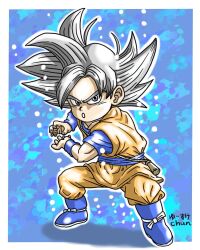  1boy blue_boots boots commentary_request dougi dragon_ball dragon_ball_daima dragon_ball_super full_body grey_eyes grey_hair highres kamehameha_(dragon_ball) male_focus muscular muscular_male outline signature solo son_goku squatting ultra_instinct yusuke_chun 