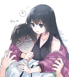  1boy 1girl 9s_(yamamoto_yamato) asphyxiation bare_shoulders black_dress black_hair blank_eyes blue_eyes collarbone drawstring dress drooling hair_between_eyes halterneck hood hood_down hoodie jacket long_hair long_sleeves mineshima_yuu mizuki_riko mouth_drool off_shoulder open_clothes open_jacket puffy_long_sleeves puffy_sleeves purple_jacket sakagami_touma simple_background translation_request turn_pale upper_body v-shaped_eyebrows very_long_hair watermark white_background white_hoodie 