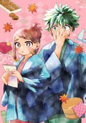  1boy 1girl ball blush boku_no_hero_academia bottle brown_eyes brown_hair choko_(cup) commentary_request covering_own_mouth cowboy_shot cup freckles green_eyes green_hair hair_bun hand_over_own_mouth highres japanese_clothes leaf medium_hair midoriya_izuku multiple_scars paddle parted_lips pink_background saburou_(326xxx1) sake_bottle scar scar_on_hand short_bangs short_hair spiky_hair thick_eyebrows updo uraraka_ochaco 