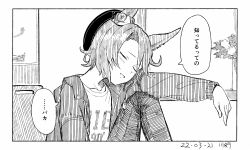  1girl animal_ears arm_on_knee arm_rest beret border commentary_request dated ear_ornament from_side greyscale hat hatching_(texture) head_on_own_shoulder head_rest hood hooded_jacket hoodie horse_ears horse_girl jacket kawashina_(momen_silicon) knee_up linear_hatching monochrome narita_taishin_(casual)_(umamusume) narita_taishin_(umamusume) open_clothes open_jacket pants parted_lips shirt short_hair signature sitting solo swept_bangs t-shirt translation_request umamusume upper_body white_border windowsill 