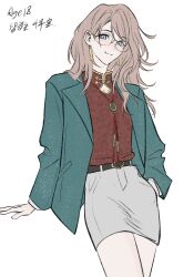  1girl bang_dream! bang_dream!_it's_mygo!!!!! blue_eyes blue_jacket brown_hair chihaya_sora chinese_commentary commentary_request earrings fang glasses grey_skirt hand_in_pocket hero45439083942 highres jacket jewelry long_hair original red_shirt shirt skin_fang skirt solo 