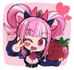  1girl cross-laced_clothes cross-laced_dress dress facial_mark fire_emblem fire_emblem_engage food fruit fur_wrist_cuffs hair_flaps hair_rings heart heart_facial_mark hortensia_(fire_emblem) looking_at_viewer lowres pink_eyes pink_hair smile strawberry striped_clothes striped_dress tamatamariso85 vertical-striped_clothes vertical-striped_dress wrist_cuffs 