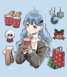  1girl bag blue_background blue_hair brown_gloves christmas christmas_ornaments closed_mouth commentary_request cup gingerbread_man gloves hair_ornament hairclip highres holding holding_cup hot_chocolate houndstooth long_hair long_sleeves looking_at_viewer nozawa_(nooo1709) original scarf shopping_bag smile snow_globe solo unworn_gloves upper_body white_scarf 