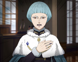  1boy absurdres black_clover black_clover_m:_rise_of_the_wizard_king black_jacket blue_cape blue_hair brown_eyes cape capelet fur-trimmed_jacket fur_trim hand_on_own_chest highres indoors jacket looking_at_viewer marx_(black_clover) non-web_source official_art open_mouth pants short_hair solo teeth upper_body white_capelet 