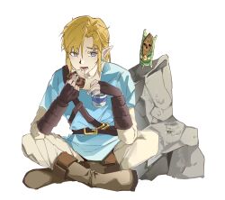  1boy blonde_hair blue_eyes blue_tunic boots brown_boots brown_gloves creature cup earrings eating fingerless_gloves food food_on_face gloves hair_between_eyes highres holding holding_cup indian_style jewelry korok leaf leaf_on_head link male_focus medium_hair open_mouth pants pointy_ears ponytail sidelocks sitting the_legend_of_zelda the_legend_of_zelda:_breath_of_the_wild tikoto_2023 tunic white_background white_pants 