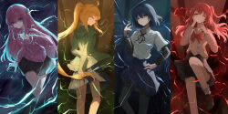  4girls ^_^ absurdres achun ahoge arms_behind_back back black_pantyhose black_ribbon black_skirt black_socks blonde_hair blue_eyes blue_hair blue_skirt bocchi_the_rock! bow bowtie breasts brown_sailor_collar brown_shirt brown_shoes chinese_commentary closed_eyes closed_mouth coin coin_flip collared_shirt commentary_request compilation cube_hair_ornament dark_background electricity electrokinesis facing_viewer finger_to_cheek from_behind full_body gotoh_hitori green_eyes green_hoodie grey_skirt hair_between_eyes hair_ornament hand_on_own_cheek hand_on_own_face highres holding holding_coin hood hoodie ijichi_nijika jacket kita_ikuyo knee_up kneehighs large_breasts lightning long_hair long_sleeves looking_at_viewer loose_socks medium_hair mole mole_under_eye multiple_girls neck_ribbon one_eye_closed one_side_up pantyhose parody pink_hair pink_jacket pleated_skirt railgun_(misaka_mikoto) red_bow red_bowtie red_hair ribbon sailor_collar school_uniform shirt shoes shuka_high_school_uniform side_ponytail sidelocks simple_background skirt smile socks toaru_kagaku_no_railgun toaru_majutsu_no_index track_jacket very_long_hair white_shirt white_socks yamada_ryo yellow_eyes 