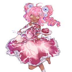  1girl :3 aegyo_sal antenna_hair bag bandaged_arm bandaged_leg bandages bare_shoulders barefoot blush bone_hair_ornament bow bowtie cowboy_shot dark-skinned_female dark_skin dress eyeball_hair_ornament fang food food-themed_clothes frilled_dress frills gurokawa hair_ornament heart highres holding holding_plate looking_at_viewer meat meaty-chan medium_hair non-web_source official_art open_mouth pink_hair plate raw_meat red_bow red_bowtie red_dress short_eyebrows shoulder_bag simple_background skin_fang solo standing standing_on_one_leg tachi-e tooth transparent_background twintails utau vixiiart yellow_eyes 