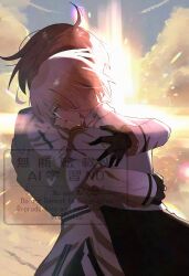  2girls absurdres ahoge awapontasu backlighting black_gloves black_skirt clouds commentary_request crying dress fate/grand_order fate_(series) fujimaru_ritsuka_(female) fujimaru_ritsuka_(female)_(decisive_battle_chaldea_uniform) glasses gloves highres hug jacket mash_kyrielight multiple_girls pink_hair red_hair skirt streaming_tears tears watermark white_dress white_jacket 