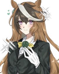  1girl animal_ears black_jacket blush bow breasts brown_hair closed_mouth collared_shirt commentary_request earrings flower gloves hair_between_eyes heart highres horse_ears horse_girl jacket jewelry long_hair long_sleeves looking_at_viewer multicolored_hair shirt single_earring smile sparkle streaked_hair symboli_rudolf_(umamusume) umamusume upper_body violet_eyes white_gloves white_hair white_shirt wlpyx yellow_bow 