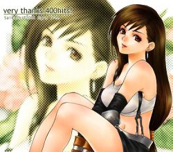  1girl 2001 arms_between_legs artist_name bad_id bare_shoulders black_skirt breasts brown_eyes brown_hair closed_mouth commentary_request earrings english_text engrish_text final_fantasy final_fantasy_vii jewelry long_hair low-tied_long_hair lowres medium_breasts milestone_celebration miniskirt navel pink_lips ranguage saikachi_(ogre_tree) sitting skirt smile solo suspender_skirt suspenders tank_top thank_you tifa_lockhart white_tank_top zoom_layer 