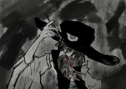  1other androgynous bare_shoulders black_background black_coat black_hair black_theme calligraphy_brush chinese_commentary coat collared_shirt commentary_request detached_sleeves enraku_tsubakura eye_of_senri faceless green_hakama grey_background hakama hat holding holding_calligraphy_brush holding_paintbrush ink japanese_clothes len'en long_sleeves neck_ribbon other_focus outline paintbrush red_ribbon ribbon ribbon-trimmed_sleeves ribbon_trim shi_tong shirt short_hair sleeveless sleeveless_coat sleeveless_shirt solo top_hat two-tone_background upper_body white_shirt white_sleeves wide_brim wide_sleeves 