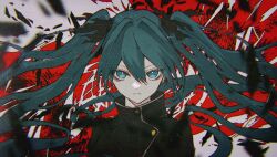  1girl abstract_background aqua_eyes aqua_hair black_jacket black_ribbon blurry blurry_foreground bright_pupils closed_mouth double-parted_bangs floating_hair hair_between_eyes hair_ornament hair_ribbon hatsune_miku high_collar highres jacket looking_at_viewer ribbon solo split_mouth straight-on twintails upper_body vocaloid washiya0 white_pupils 