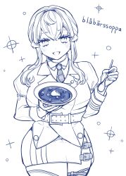  1girl belt blue_theme blush bowl breasts commentary_request food gloves gotland_(kancolle) hair_between_eyes highres holding holding_bowl holding_food holding_spoon jacket kantai_collection long_sleeves looking_at_viewer mole mole_under_eye monochrome nagi_kantai114 necktie open_mouth side_slit simple_background skirt solo sparkle spoon swedish_text thigh_strap translation_request 