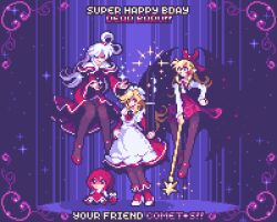  4girls apron artist_name bat_wings black_pantyhose blonde_hair bow braid capelet chibi closed_eyes comet_summoner98 commentary dress elis_(touhou) english_commentary english_text facial_mark flower frills hair_bobbles hair_bow hair_ornament happy_birthday long_hair long_sleeves maid maid_headdress multiple_girls okazaki_yumemi one_side_up pantyhose pixel_art pointy_ears red_bow red_capelet red_dress red_eyes red_hair red_shoes red_skirt ribbon shinki_(touhou) shirt shoes skirt smile star_(symbol) touhou touhou_(pc-98) vest white_hair white_shirt wings yellow_eyes yumeko_(touhou) 