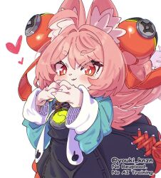  1girl animal_ear_fluff animal_ears braid bright_pupils commentary_request furry furry_female heart highres long_hair looking_at_viewer open_mouth pink_fur pink_hair rabbit_ears rabbit_girl red_eyes short_eyebrows simple_background solo thick_eyebrows twin_braids white_background white_pupils yuuki_(yuyuki000) zenless_zone_zero zhao_(zenless_zone_zero) 