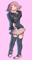  1girl absurdres blush breasts brown_hair brown_skirt collared_shirt danganronpa_(series) danganronpa_2:_goodbye_despair flipped_hair hair_ornament hands_up highres hood jacket long_sleeves looking_at_viewer medium_hair nanami_chiaki neck_ribbon open_clothes open_jacket pink_eyes pink_ribbon pink_shoes pleated_skirt ribbon shirt shoes skirt solo spead2 standing teeth thigh-highs two-tone_shirt white_shirt 