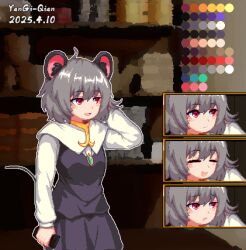  1girl ahoge animal_ears artist_name black_skirt capelet cookie_(touhou) dated ensei_(hrjpn8440fqg3cq) expression_chart grey_hair long_sleeves looking_to_the_side lowres mouse_ears mouse_girl nazrin nyon_(cookie) pixel_art puffy_long_sleeves puffy_sleeves red_eyes shirt short_hair skirt smile solo white_capelet white_shirt 