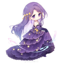 1girl absurdres bare_shoulders beads chibi closed_mouth colored_inner_hair dot_nose dress elbow_gloves expressionless eyelashes floating_hair gloves gown hair_beads hair_ornament highres jewelry lace-trimmed_dress lace-trimmed_gloves lace_trim light_blush light_frown light_particles long_dress long_hair looking_at_viewer magic miracle_nikki multicolored_hair necklace nikki_(series) nuli_de_chengzhi_er parted_bangs pendant_earring print_dress purple_dress purple_gloves purple_hair purple_shoes shoes simple_background skirt_hold solo standing star_(symbol) star_hair_ornament star_necklace star_print star_sea_(nikki) starry_sky_print strapless strapless_dress tareme very_long_hair violet_eyes white_background 