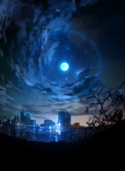  absurdres blurry blurry_foreground city clouds commentary_request cool_colored depth_of_field full_moon highres moon n_(nnn2927) night no_humans original outdoors reflection reflective_liquid scenery sky sky_focus skyline star_(sky) water 