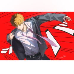  1boy border closed_eyes closed_mouth collared_shirt emphasis_lines floating_neckwear grey_jacket grey_suit haekchi hashtag-only_commentary highres jacket letterboxed male_focus mob_psycho_100 necktie purple_necktie red_background reigen_arataka shirt shirt_tucked_in solo suit suit_jacket undone_necktie white_border white_shirt 