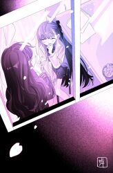  2girls artist_name asymmetrical_bangs blunt_bangs bow bowtie commentary_request falling_petals fate/extra fate/extra_ccc fate_(series) film_grain from_outside hair_ribbon hand_on_lap hand_on_own_chin hand_up highres kishinami_hakuno_(female) lab_coat lapels long_hair long_sleeves matou_sakura matou_sakura_(fate/extra) miniskirt monochrome multiple_girls notched_lapels open_hands open_mouth paper petals plant pleated_skirt potted_plant purple_theme ribbon school_uniform sitting skirt sksk_sn09 smile spread_fingers straight_hair table tsukumihara_academy_uniform_(fate/extra) very_long_hair window winter_uniform 