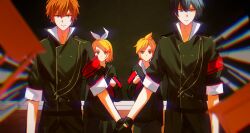  1girl 3boys absurdres aoyagi_touya arm_at_side armband black_gloves blonde_hair book closed_mouth collared_shirt commentary ear_chain gloves green_eyes hair_ornament hairclip high_collar highres holding holding_book holding_hands how_to_sekai_seifuku_(vocaloid) kagamine_len kagamine_rin linked_piercing long_sleeves looking_at_viewer multicolored_hair multiple_boys orange_hair piercing project_sekai ryouun shinonome_akito shirt short_hair smile split-color_hair two-tone_hair 