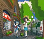  2girls blue_hair bow cirno dress erogame_project food footwear fruit grass hair_bow hat multiple_girls necktie panties purple_hair russian short_hair skirt smile socks street striped striped_panties striped_socks summer touhou tree underwear unyl-chan unyl-tan walking watermelon wings 