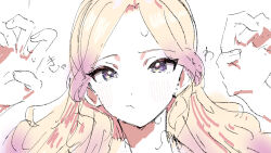  1girl :/ blonde_hair blush claws commentary_request forehead gakuen_idolmaster gao gradient_hair highres idolmaster juo_sena kasasagi_(futagodori888) long_hair looking_at_viewer multicolored_hair pink_hair simple_background solo sweatdrop white_background 