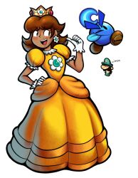  1boy 1girl alternate_skin_color axelorca brown_hair commentary crown dark-skinned_female dark_skin dress earrings english_commentary flower_earrings gloves highres jewelry long_dress luigi lunaris_(mario_&amp;_luigi:_stellar_bonds) mario_&amp;_luigi:_stellar_bonds mario_&amp;_luigi_rpg one_eye_closed open_mouth princess_daisy puffy_short_sleeves puffy_sleeves short_sleeves simple_background super_mario_bros. teeth tongue tongue_out upper_teeth_only white_background white_gloves yellow_dress 