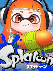  1girl blue_background blush closed_mouth commentary_request dot_nose headphones highres inkling inkling_girl inkling_player_character logo long_hair orange_eyes orange_hair rurri_0925 signature smile solo splatoon_(series) splatoon_1 splattershot_(splatoon) tentacle_hair translation_request 