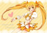  1girl 723_(hato2) belly blonde_hair cure_sunshine dress eyebrows_visible_through_hair hair_ribbon heartcatch_precure! lace long_hair magical_girl myoudouin_itsuki navel orange_(color) orange_dress precure ribbon solo title_drop twintails wrist_cuffs yellow_background yellow_eyes 