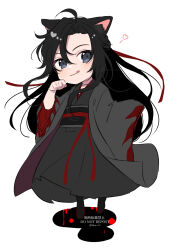  1boy :q absurdres ahoge animal_ears black_boots black_eyes black_hair black_hanfu blush boots cat_boy cat_ears chibi chibi_only chinese_clothes closed_mouth coat commentary_request full_body grey_coat hair_down hair_ribbon half_updo hand_up hanfu heart highres kabe_bo kemonomimi_mode licking_lips long_hair long_sleeves looking_at_viewer male_focus modao_zushi official_alternate_costume official_alternate_hairstyle open_clothes open_coat paw_pose red_ribbon red_sash ribbon robe sash sidelocks simple_background smile solo standing tongue tongue_out twitter_username very_long_hair watermark wei_wuxian wei_wuxian_(yiling_laozu) white_background wide_sleeves 
