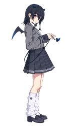  1girl absurdres black_hair black_shoes black_skirt blazer blue_horns closed_mouth collared_shirt demon_girl demon_horns demon_tail demon_wings ear_piercing earrings from_side full_body gradient_horns gradient_wings grey_jacket grey_skirt hair_between_eyes highres holding_own_tail horns houndstooth ichinose_uruha ichinose_uruha_(6th_costume) jacket jewelry loafers long_sleeves looking_at_viewer loose_socks medium_hair mini_wings multicolored_horns multicolored_wings necktie piercing pleated_skirt school_uniform shirt shoes simple_background skirt small_horns socks solo standing tail violet_eyes virtual_youtuber vspo! white_background white_shirt white_socks wings ykr_(youkiri) 